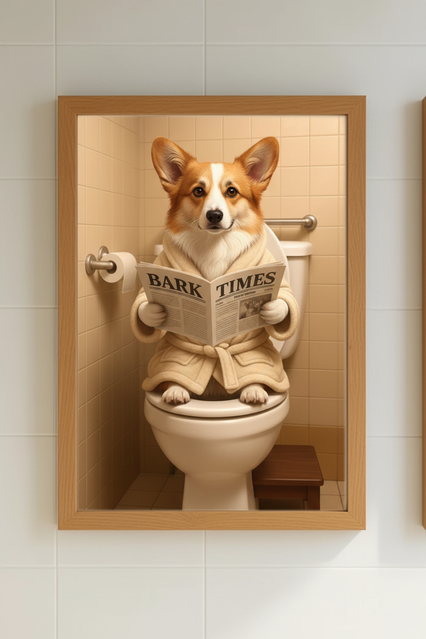 Perro tricolor en bata leyendo el periódico Dog News