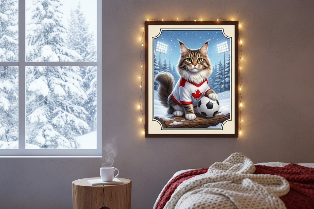 Poster Maine Coon Canadá enmarcado en habitación invernal canadiense