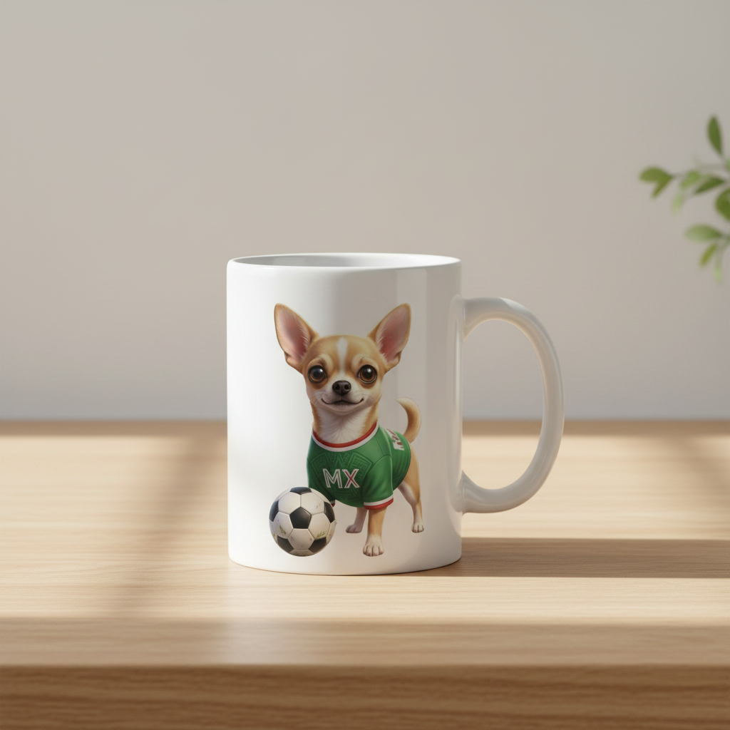 Taza blanca con ilustración chihuahua jersey MX