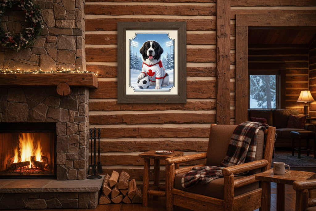 Poster San Bernardo Canadá enmarcado en cabaña canadiense con chimenea