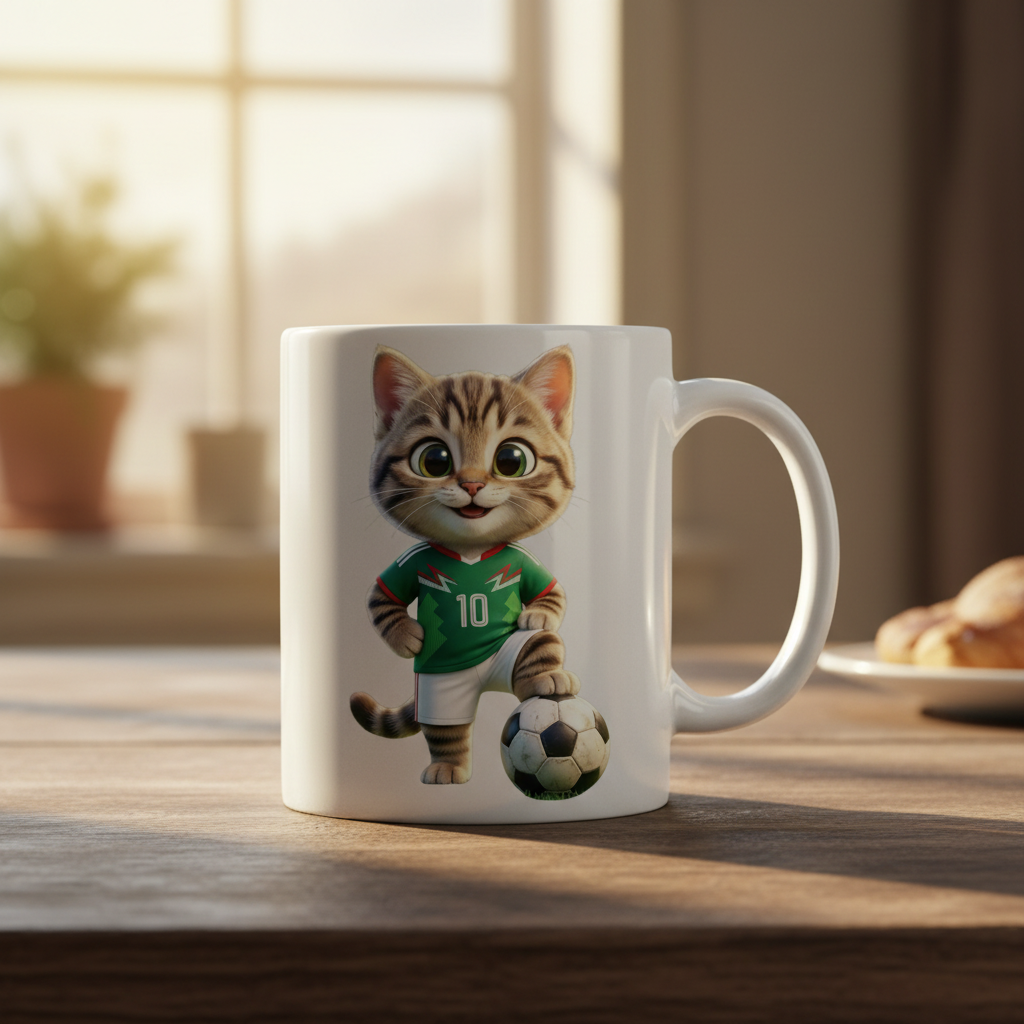 Taza blanca con ilustración gato jersey #10 México