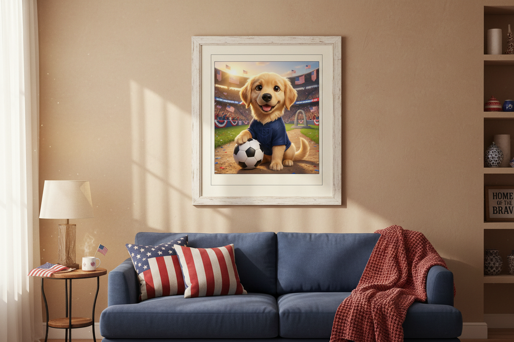 Poster cachorro Golden Retriever USA enmarcado en sala americana