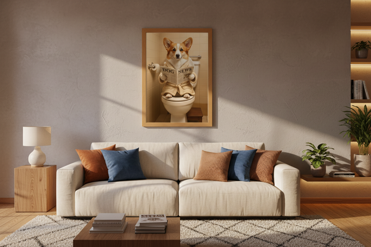 Mockup del poster Dog News enmarcado en sala