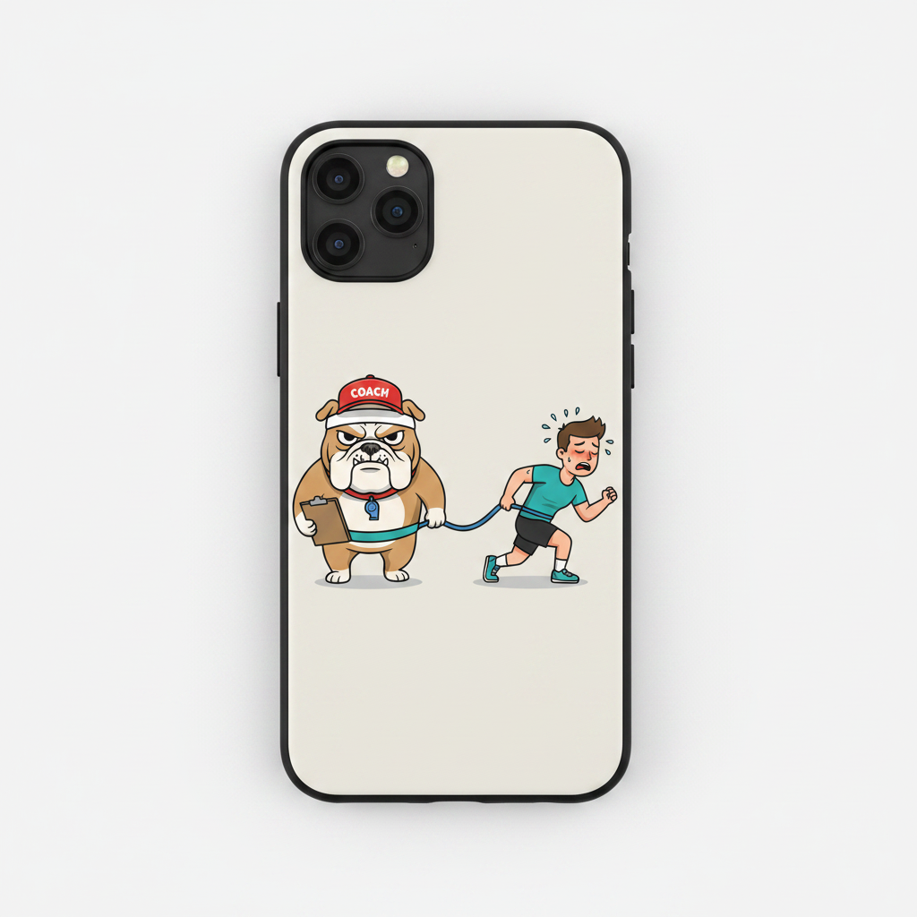 Mockup de funda de teléfono con arte del Bulldog entrenador personal con correa manos libres