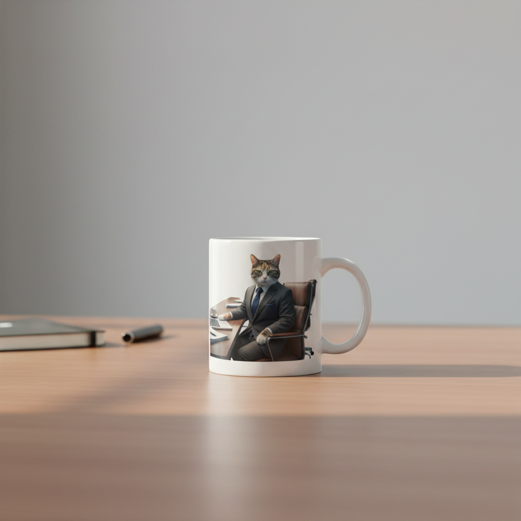 Mockup taza blanca - El Ejecutivo gato corporativo