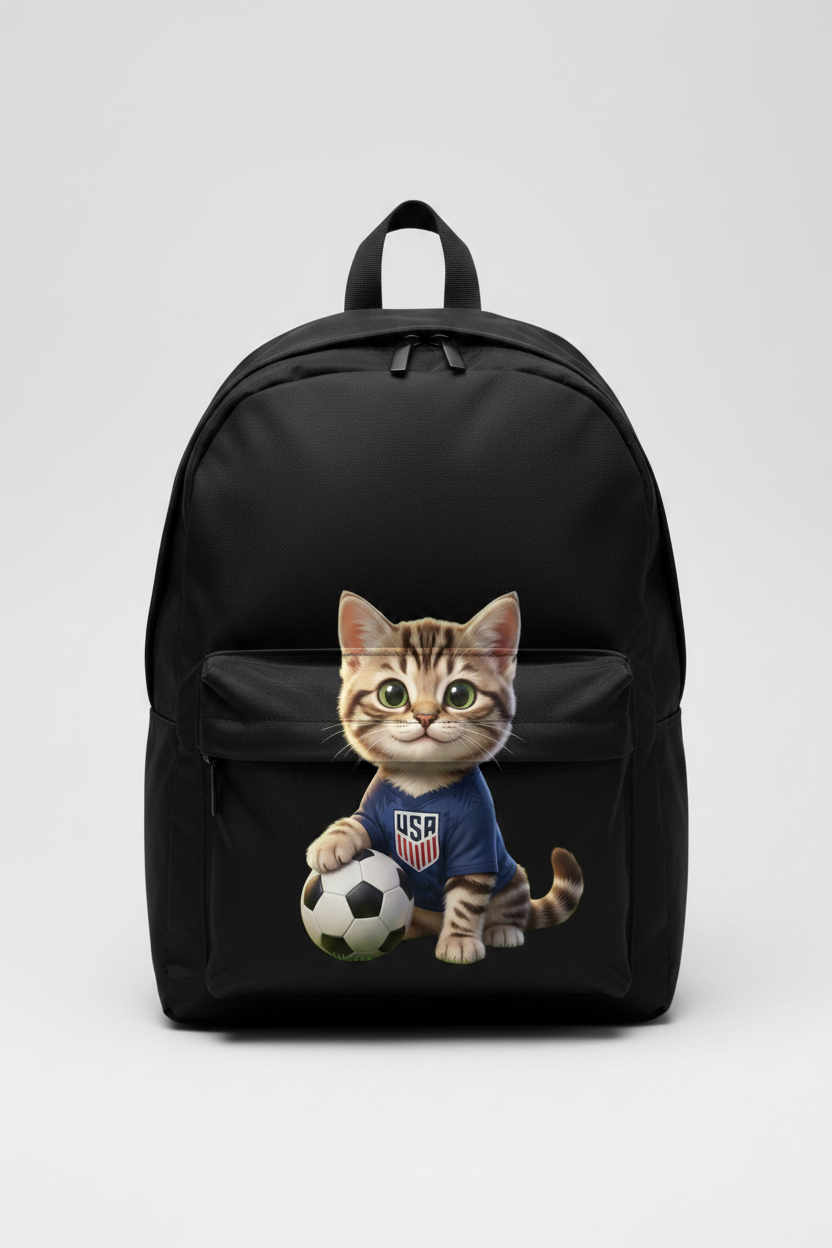 Mochila negra con ilustración gato jersey USA Soccer