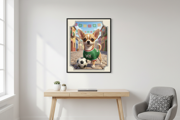 Poster chihuahua MX enmarcado en pared de oficina moderna