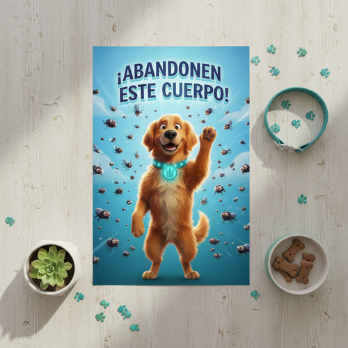 Mockup flat lay del poster Arte Digital Collar Antipulgas sobre superficie de madera con accesorios para mascotas