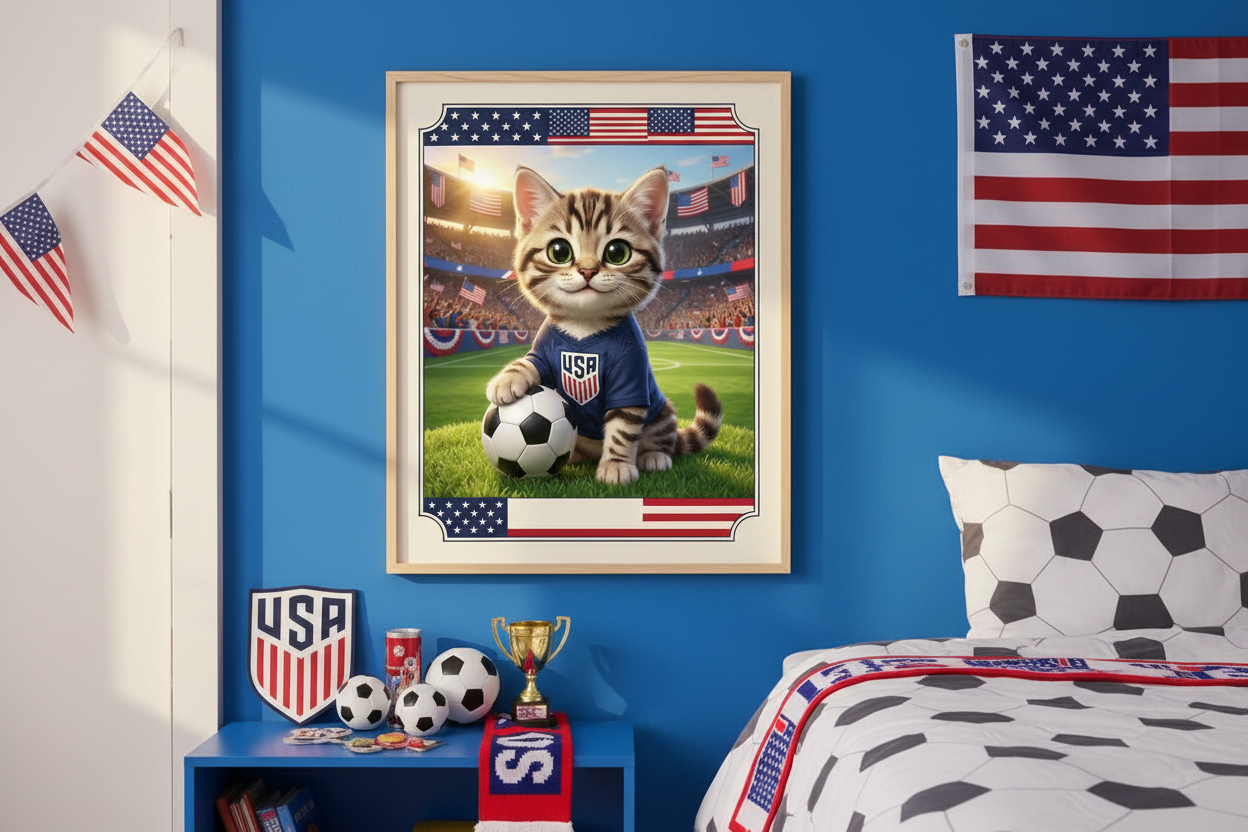 Poster gato USA enmarcado en cuarto juvenil temática soccer