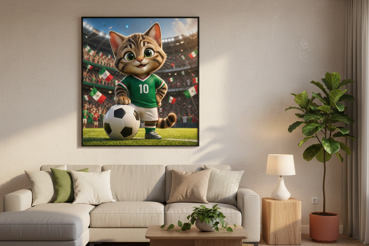 Poster gato MX enmarcado en sala moderna