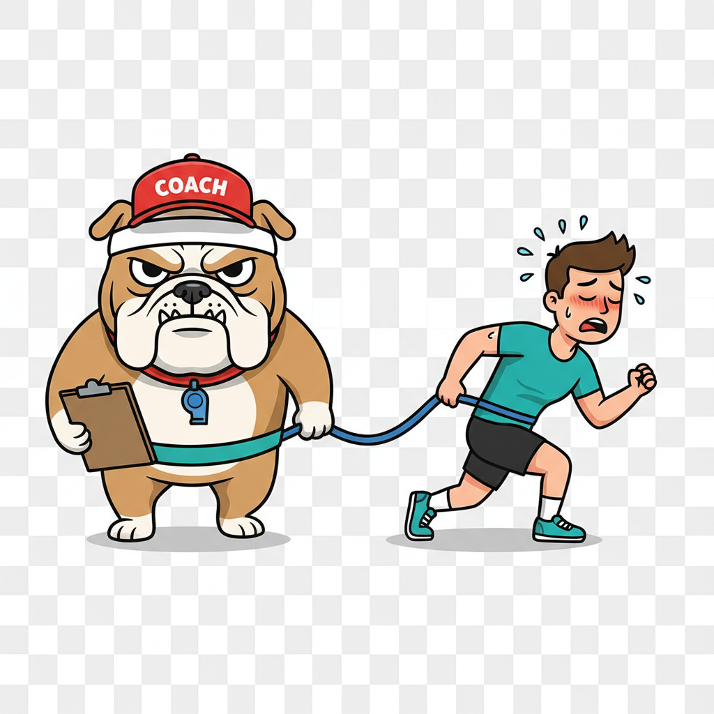 Arte digital de Bulldog Inglés entrenador personal con correa manos libres y humano atlético